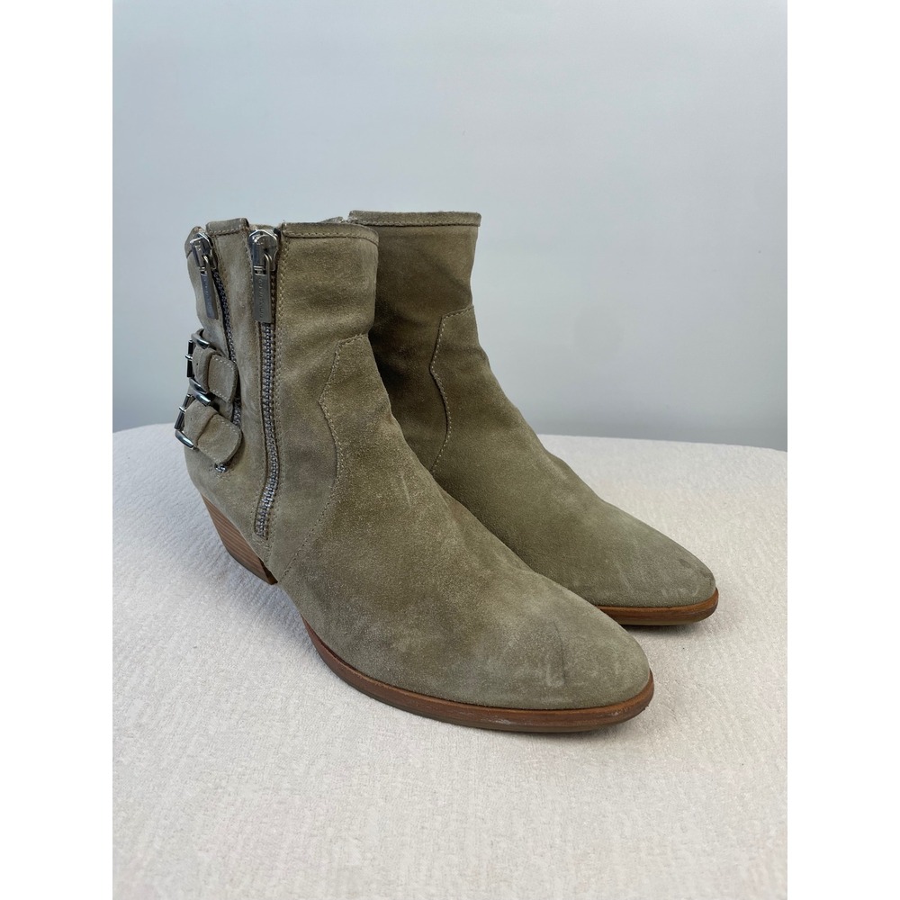 Aquatalia‎ Women Taupe Suede Buckle Ankle Boots Double Zip Block Heel Booties 10
